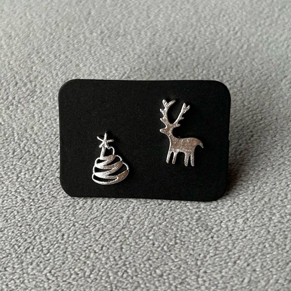 Christmas Tree & Reindeer ~ Silver Tone Earrings ~ Brand New!
